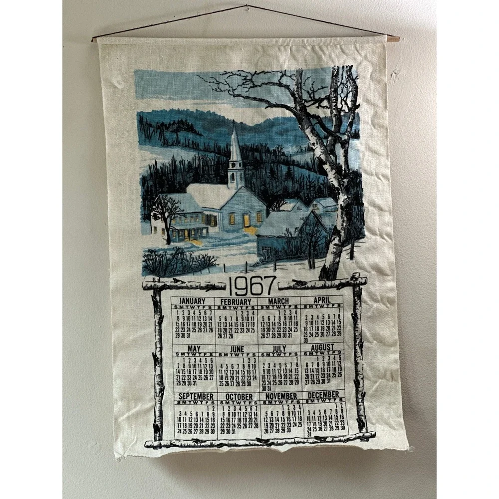 Vintage 1967 Linen Wall Calendar Towel Winter Church Scene Mid Century Decor